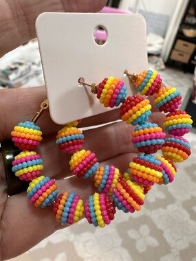 Handmade Multicolor Beaded Hoop Earrings - Bright Rainbow